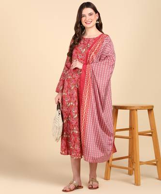 Women's Red Printed Cotton Kurti With Foil Printed Dupatta Set 7