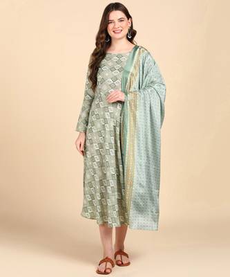 Women's Multicolor Printed Cotton Kurti With Foil Printed Dupatta Set 6