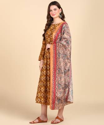 Women's Mustard Printed Cotton Kurti With Foil Printed Dupatta Set 2