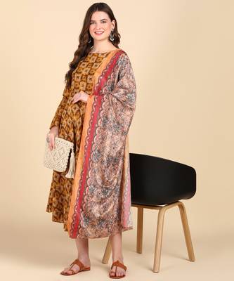Women's Mustard Printed Cotton Kurti With Foil Printed Dupatta Set 5