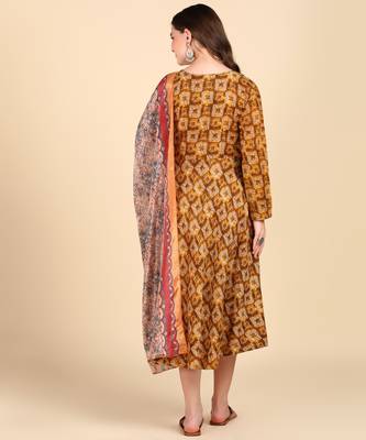 Women's Mustard Printed Cotton Kurti With Foil Printed Dupatta Set 7