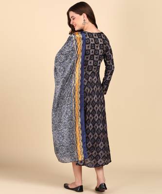 Women's Navy blue Printed Cotton Kurti With Foil Printed Dupatta Set 2