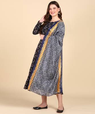Women's Navy blue Printed Cotton Kurti With Foil Printed Dupatta Set 3