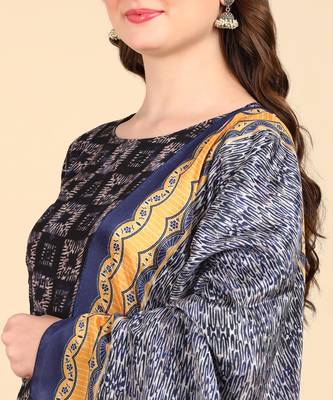 Women's Navy blue Printed Cotton Kurti With Foil Printed Dupatta Set 4