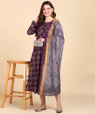 Women's Purple Printed Cotton Kurti With Foil Printed Dupatta Set 7