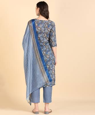Women's Blue Printed Cotton Kurti With Pant and Dupatta Set 2