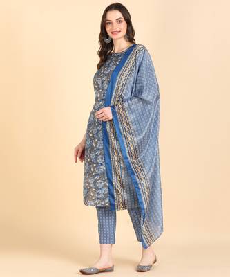Women's Blue Printed Cotton Kurti With Pant and Dupatta Set 3