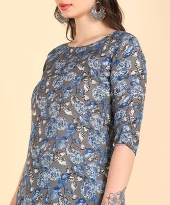 Women's Blue Printed Cotton Kurti With Pant and Dupatta Set 4