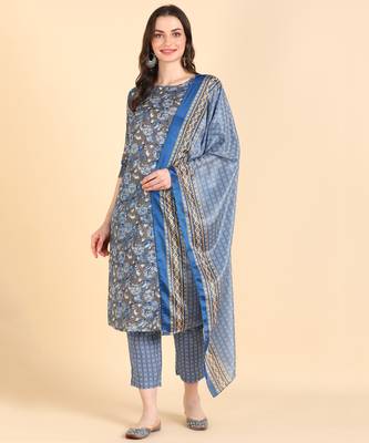 Women's Blue Printed Cotton Kurti With Pant and Dupatta Set 8