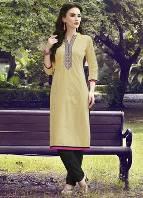 Yellow Pure Cotton Stitched Printed With Embroidery Kurti 1