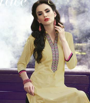 Yellow Pure Cotton Stitched Printed With Embroidery Kurti 2
