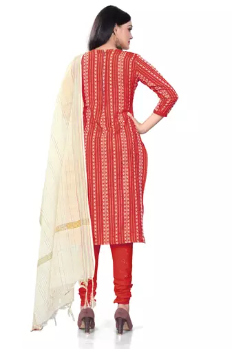 Kimisha women's red cotton jacquard unstitched dress material