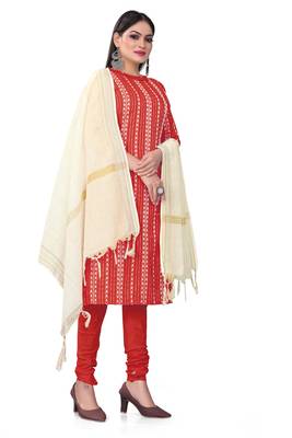 Kimisha women's red cotton jacquard unstitched dress material 3