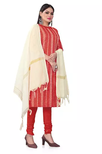 Kimisha women's red cotton jacquard unstitched dress material