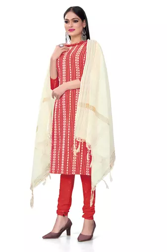 Kimisha women's red cotton jacquard unstitched dress material