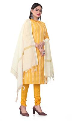Kimisha women's yellow cotton jacquard unstitched dress material 3