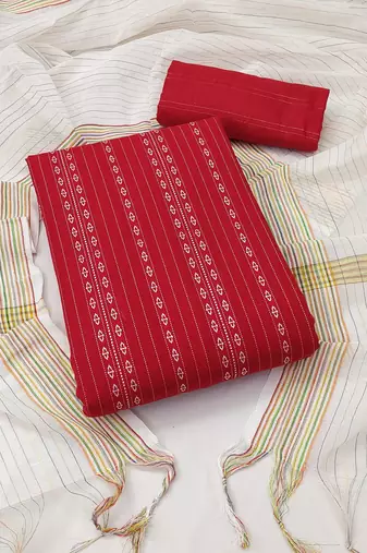 Kimisha women's red cotton jacquard unstitched dress material