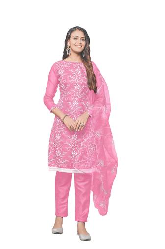 Baby Pink Organza silk blend Embroidered Unstitched Dress Material