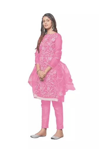 Baby Pink Organza silk blend Embroidered Unstitched Dress Material