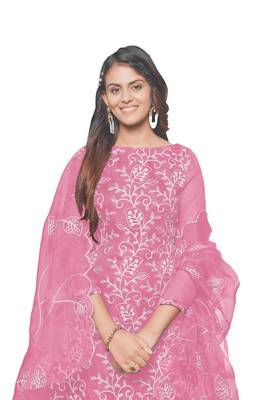 Baby Pink Organza silk blend Embroidered Unstitched Dress Material 3