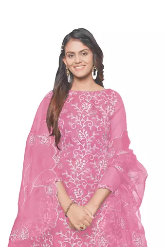 Baby Pink Organza silk blend Embroidered Unstitched Dress Material