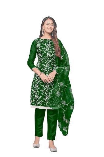 Green Organza silk blend Embroidered Unstitched Dress Material