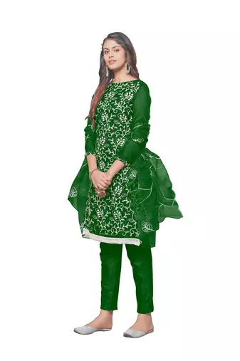 Green Organza silk blend Embroidered Unstitched Dress Material
