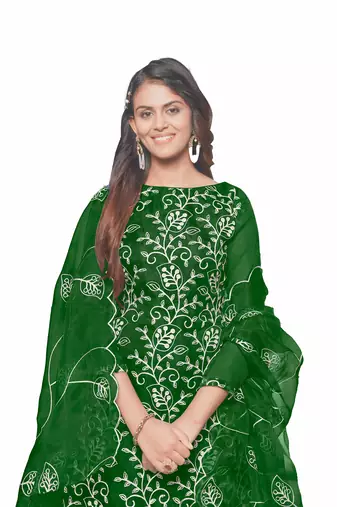 Green Organza silk blend Embroidered Unstitched Dress Material