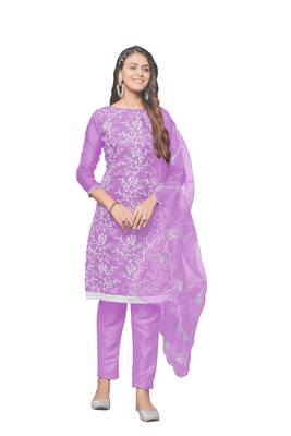 Lavender Organza silk blend Embroidered Unstitched Dress Material 1