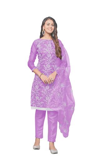 Lavender Organza silk blend Embroidered Unstitched Dress Material