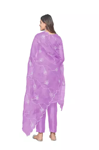 Lavender Organza silk blend Embroidered Unstitched Dress Material