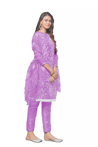 Lavender Organza silk blend Embroidered Unstitched Dress Material