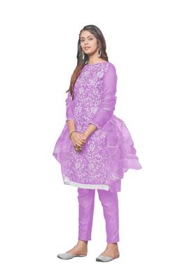 Lavender Organza silk blend Embroidered Unstitched Dress Material 4