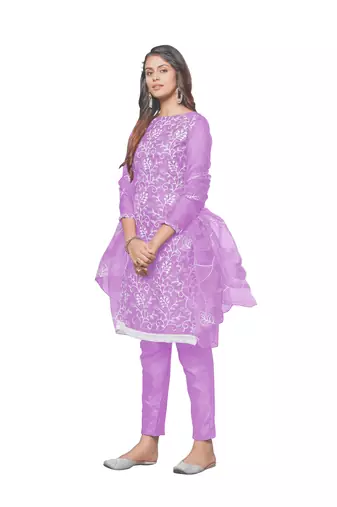 Lavender Organza silk blend Embroidered Unstitched Dress Material