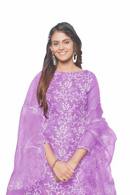 Lavender Organza silk blend Embroidered Unstitched Dress Material 5