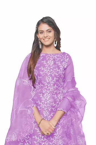 Lavender Organza silk blend Embroidered Unstitched Dress Material