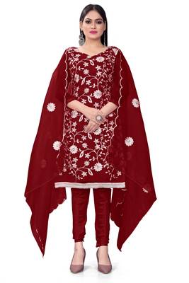 Maroon Organza silk blend Embroidered Unstitched Dress Material 1