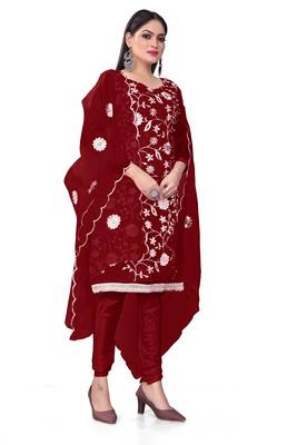 Maroon Organza silk blend Embroidered Unstitched Dress Material 3