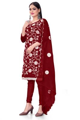 Maroon Organza silk blend Embroidered Unstitched Dress Material 4