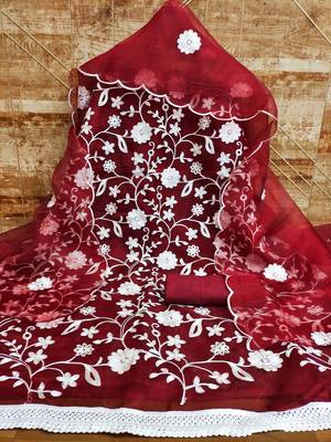 Maroon Organza silk blend Embroidered Unstitched Dress Material 2