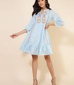 Janasya women's sky blue cotton embroidery flared dress