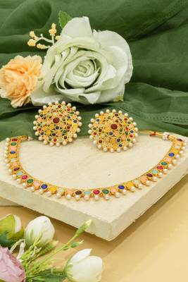 Gold Plated Stylish Multicolour Stone Studded Choker Necklace Jewellery Set For Women 5