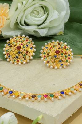 Gold Plated Stylish Multicolour Stone Studded Choker Necklace Jewellery Set For Women 6