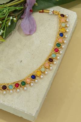 Gold Plated Stylish Multicolour Stone Studded Choker Necklace Jewellery Set For Women 7