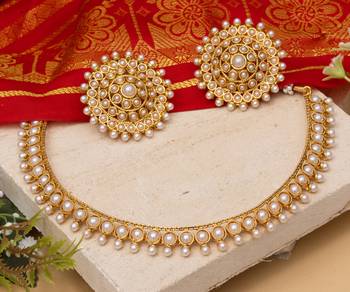 Gold Plated Stylish White Stone Studded Choker Necklace Jewellery Set 1