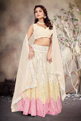 Butter Cream Embroidered with Paper Mirror work Georgette Lehenga Choli with Dupatta 1