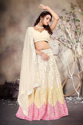 Butter Cream Embroidered with Paper Mirror work Georgette Lehenga Choli with Dupatta 2