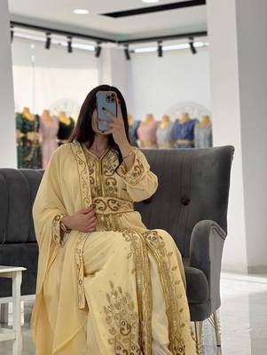 Pastel Yellow Hand-Embroidered Georgette Kaftan with Sequin & Bead Work 1