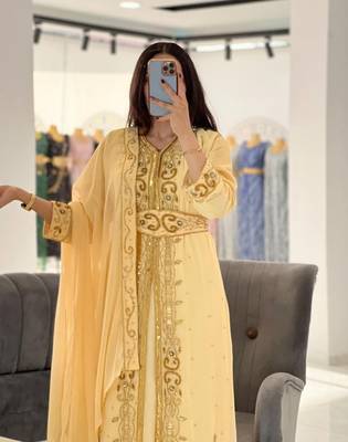 Pastel Yellow Hand-Embroidered Georgette Kaftan with Sequin & Bead Work 2