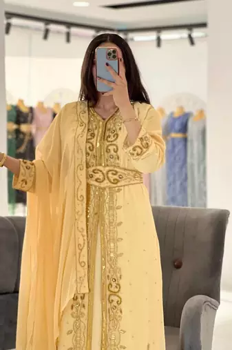 Pastel Yellow Hand-Embroidered Georgette Kaftan with Sequin & Bead Work